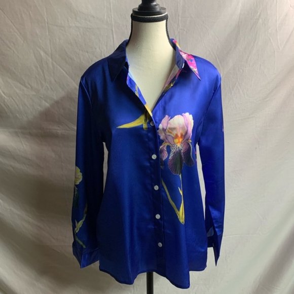 Blue Floral Satin Button Down Blouse - Picture 6 of 8